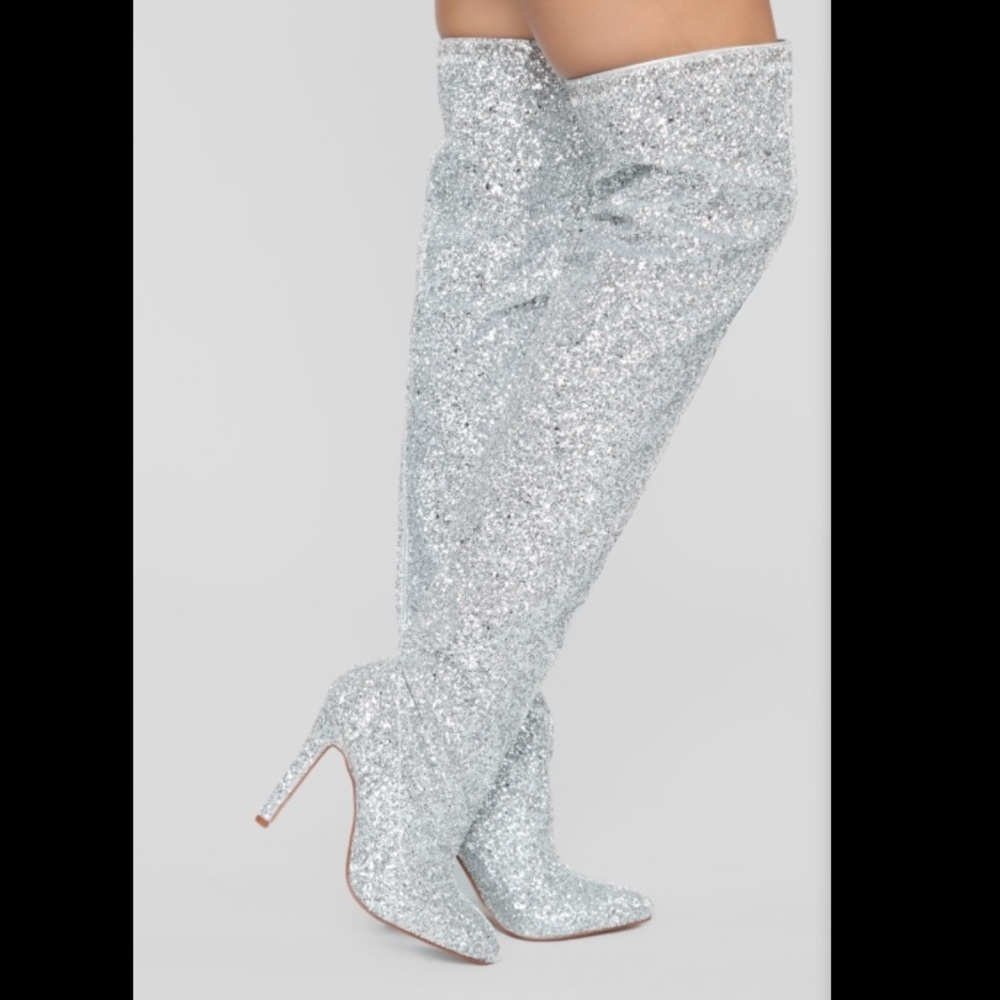Silver glitter over the knee heel boots